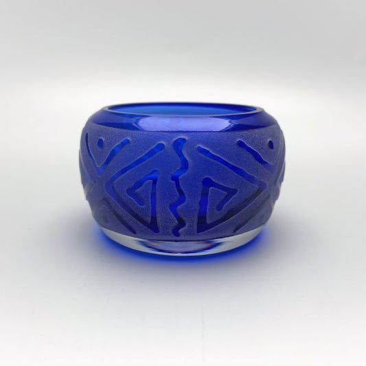 Cobalt-blue-glass-tealight-candle-holder-with-sandblasted-Geo-#1-design