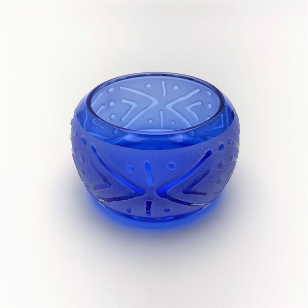 Cobalt-blue-glass-tealight-candle-holder-with-sandblasted-Geo-#2-design