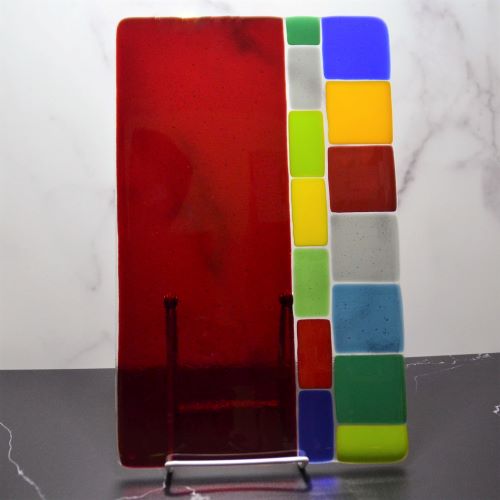 Red Rectangular Fused Glass Platter by Tom Philabaum 