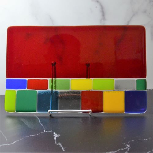 Red Rectangular Fused Glass Platter by Tom Philabaum Long Edge View