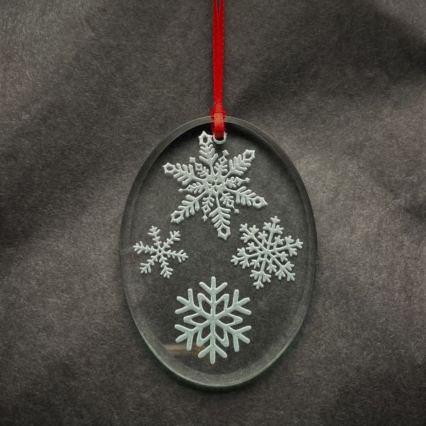 Crystal Beveled Oval Shaped Ornament with Sandblasted Snowflake Designs