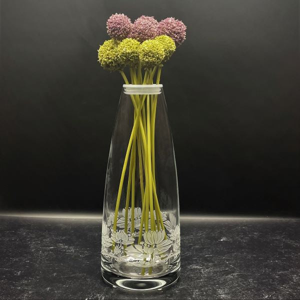 Triple Use Crystal Vase with Lotus Flower Design and flowers in the vase
