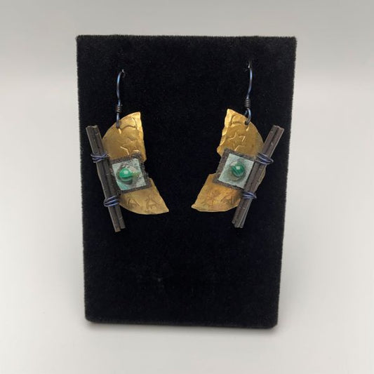 Brass Half Circle Earrings with Malachite bead