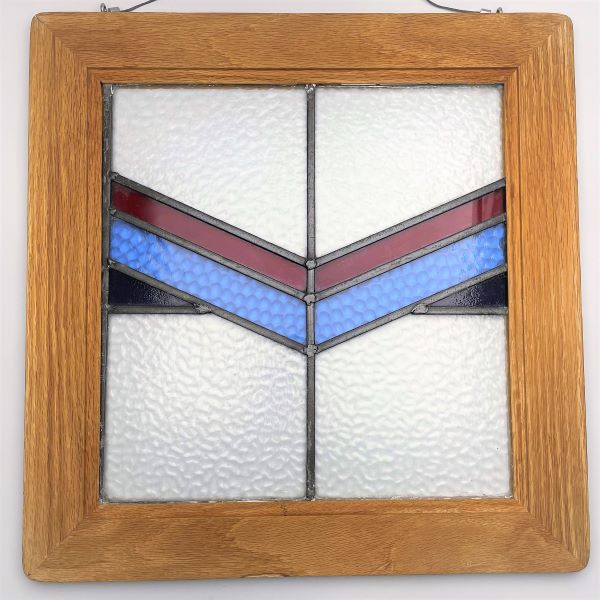 Vintage Wood Framed Stained Glass Panel with Red and Blue Chevron Design