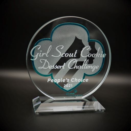 Girl Scouts Inscription and Logo Crystal Glass Award on a Base It's A Blast! Glass Gallery Tucson Arizona