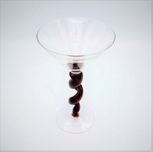 Hand Blown Martini Glass with Red Twisted Stem Top View 