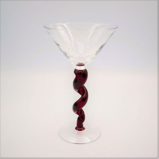 Hand Blown Martini Glass with Red Twisted Stem Side View 