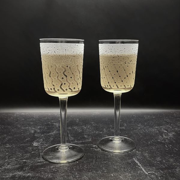 Straight Sided Wine Glasses with Sandblasted Before and After Designs with White Wine
