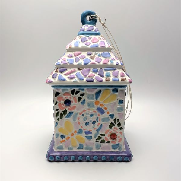 Mosaic Ceramic Birdhouse with Dragonflys and Flowers Backside  View
