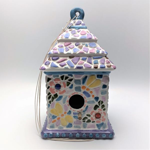Mosaic Ceramic Birdhouse with Dragonflys and Flowers Front View