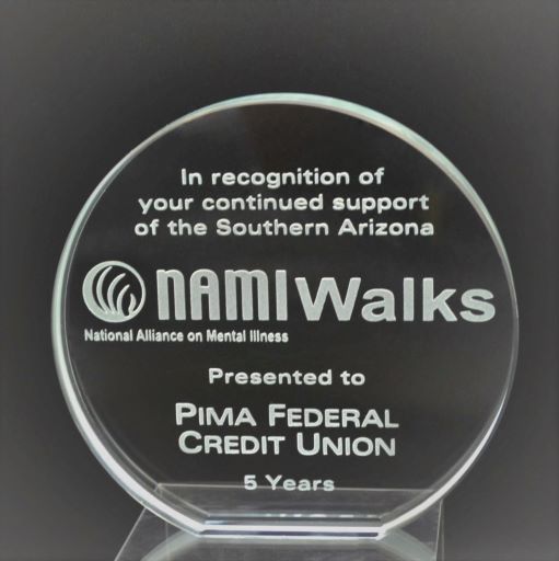 NAMI Walks Inscription and Logo on Crystal Glass Award It's A Blast! Glass Gallery Tucson Arizona