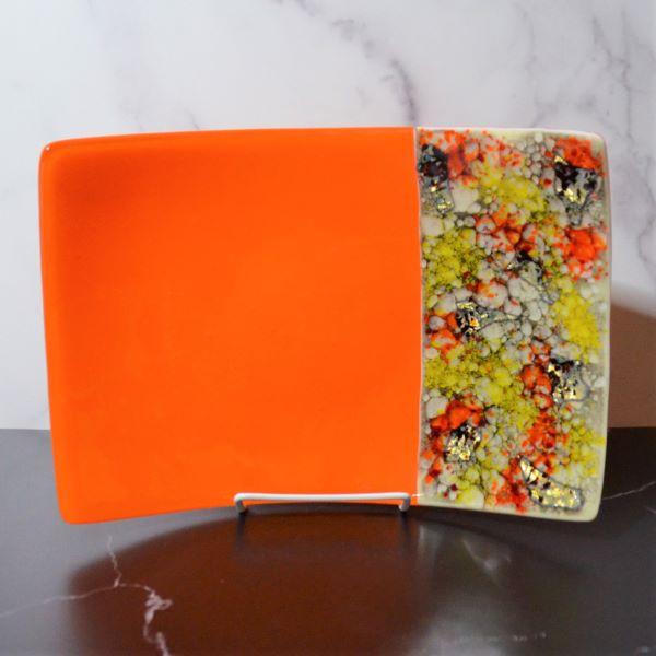 Orange Rectangular Square Fused Glass Platter by Tom Philabaum on stand