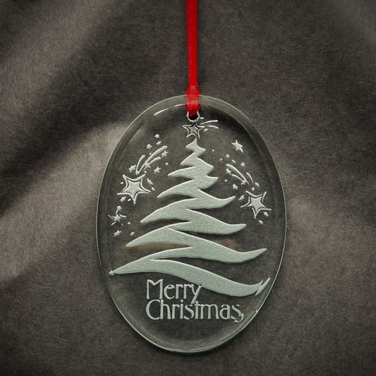 Crystal Beveled Oval Shaped Ornament with Sandblasted Christmas Tree and Merry Christmas Design