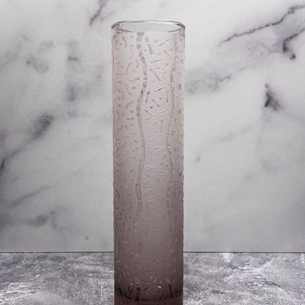 Pink-glass-bud-vase-with-sandblasted-squiggle-lines-dots-oh-my-design-closeup