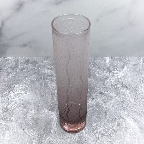 Pink-glass-bud-vase-with-sandblasted-squiggle-lines-dots-oh-my-design-top-view