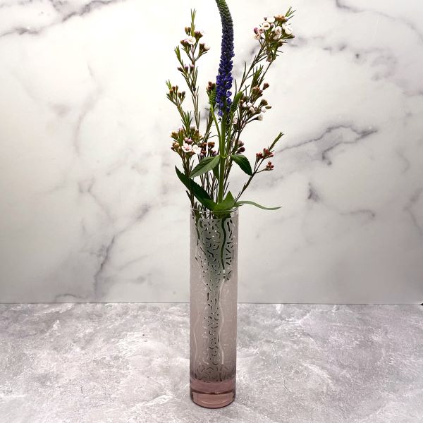 Pink-glass-bud-vase-with-sandblasted-squiggle-lines-dots-oh-my-design-with-flowers