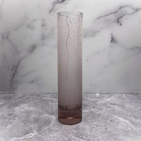 Pink-glass-bud-vase-with-sandblasted-squiggle-lines-dots-oh-my-design