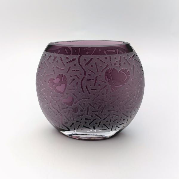 Purple-Small-Flat-round-vase-with-hearts-abound-design-side-view-1