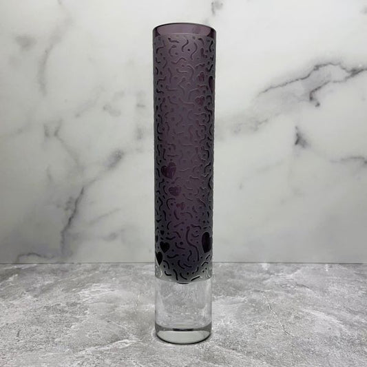 Purple-blown-glass-vase-with-sandblasted-hearts-abound-design-side-view