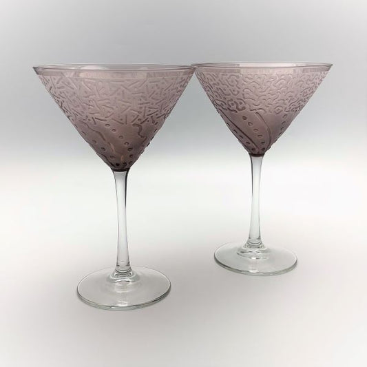 Purple-martini-cocktail-glasses-with-sandblasted-Before-and-After-whimsical-designs-side-view
