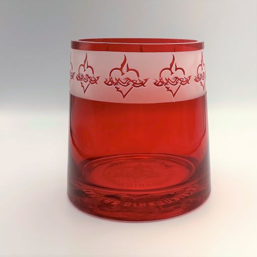 Red-flared-hand-blown-glass-vase-with-Sacred-Hearts-design-side-view