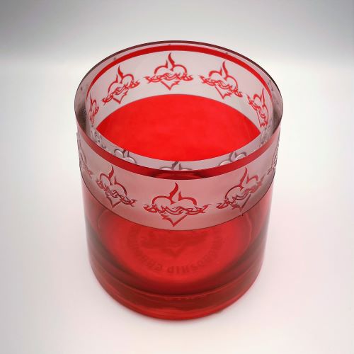 Red-flared-hand-blown-glass-vase-with-Sacred-Hearts-design-top-view