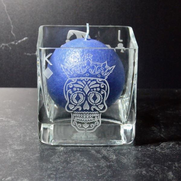 Royalty Suits Me Sugar Skull Sandblasted Clear Glass Candle Holder King Side