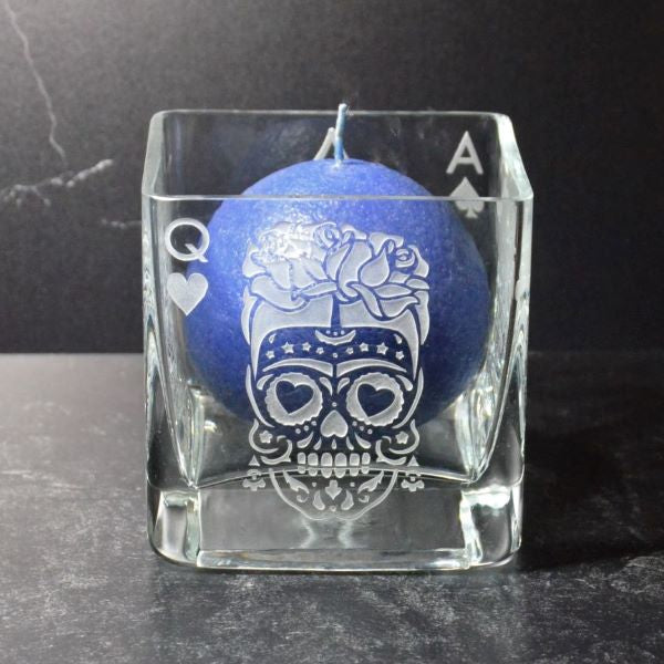 Royalty Suits Me Sugar Skull Sandblasted Clear Glass Candle Holder Queen Side