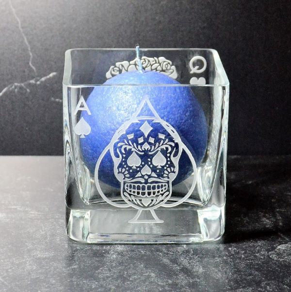 Royalty Suits Me Sugar Skull Sandblasted Clear Glass Candle Holder Ace Side