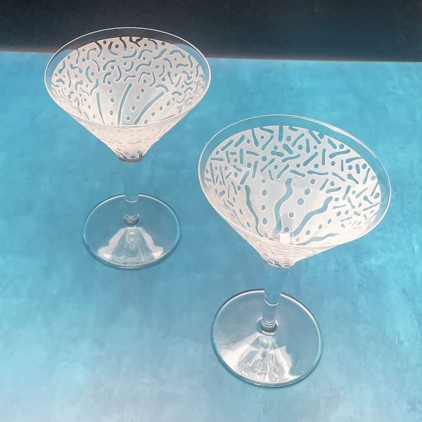 Small Crystal Cocktail Glass with Before and After Sandblasted Designs Top View