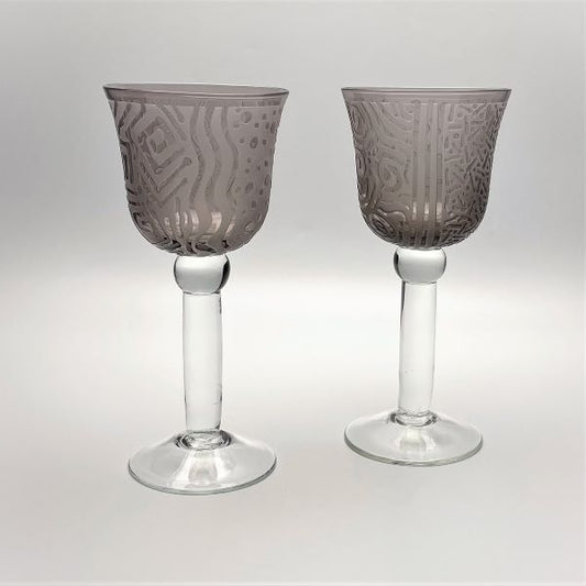 Smoke-gray-hand-blown-wine-glasses-with-sandblasted-V-Spiral-and-Square-designs-side-view