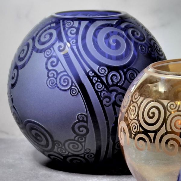 Purple-bubble-vase-with-iridescent-peach-bubble-vase-with-sandblasted-Spiraling-out-of-Control-design