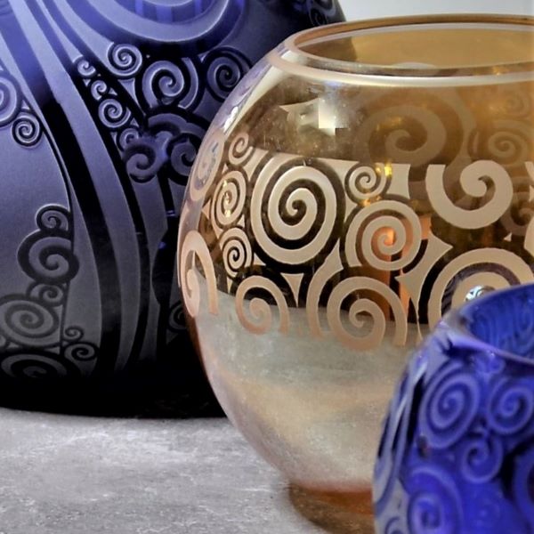  Iridescent Peach Bubble Vase with Spiraling Out of Control Designs and Purple Bubble Vase