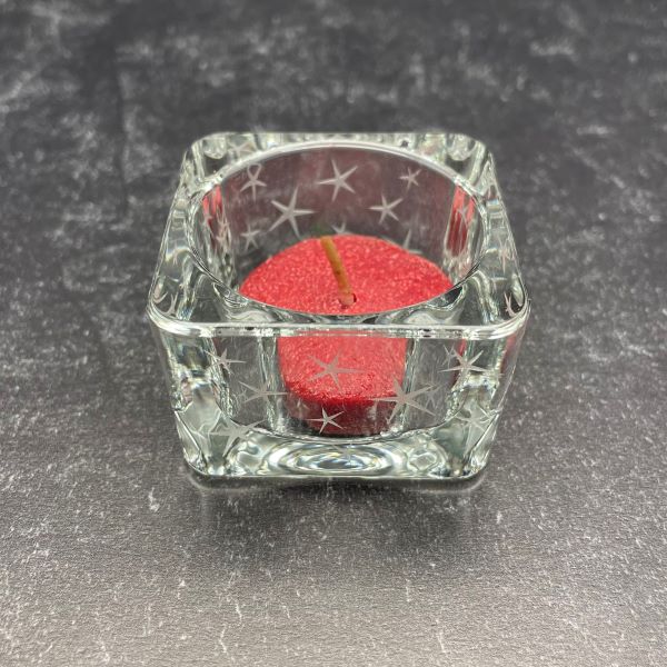 Square Glass Tealight Candle Holder with Sandblasted Star Design with red candle top view
