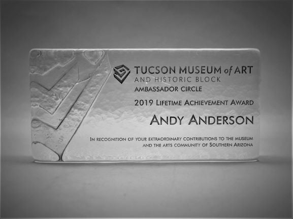 Sandblasted Inscription Service on Tucson Museum of Art Glass Brick by It's A Blast! Glass Gallery