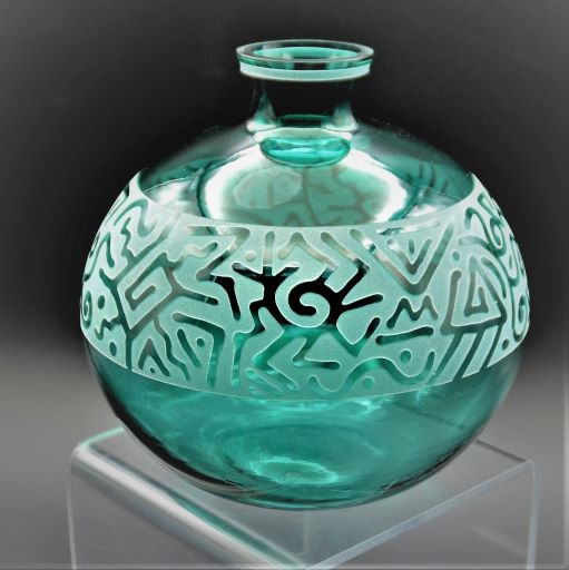 Green Round Glass Vase Etched Geo Abstract Design on Pedestal