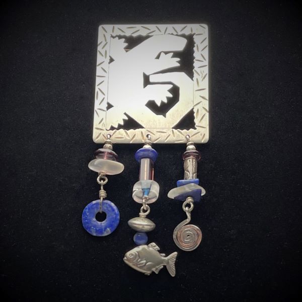 Sterling Silver Pin with Lizard Design and Lapis Glass and Metal Beads