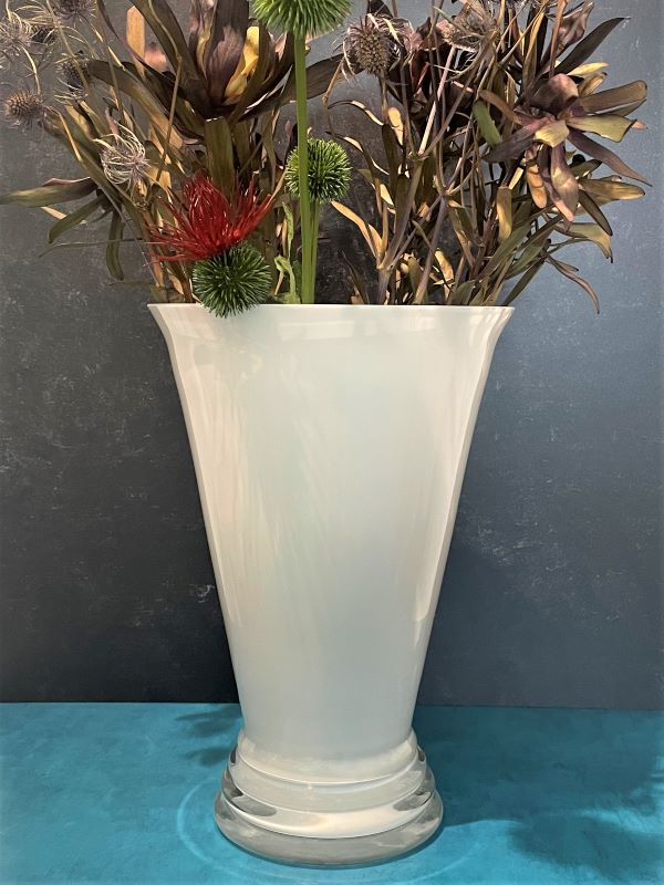 White Flared Hand Blown Glass Vase with Dried Floral Arrangement