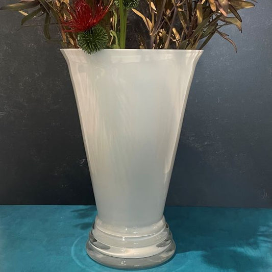 White Flared Hand Blown Glass Vase with Dried Floral Arrangement