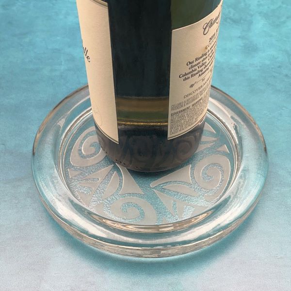 Wrought Iron Sandblasted Design Cast Glass Wine Coaster with Bottle It's A Blast! Glass Gallery 
